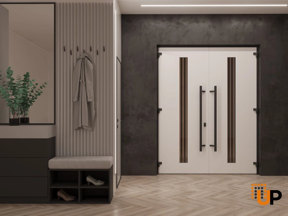 Double swing metal-aluminum modern exterior door with clear-mirrored glass | Ronex 1055 Teak | 72 x 80 (72 x 80) photo#4