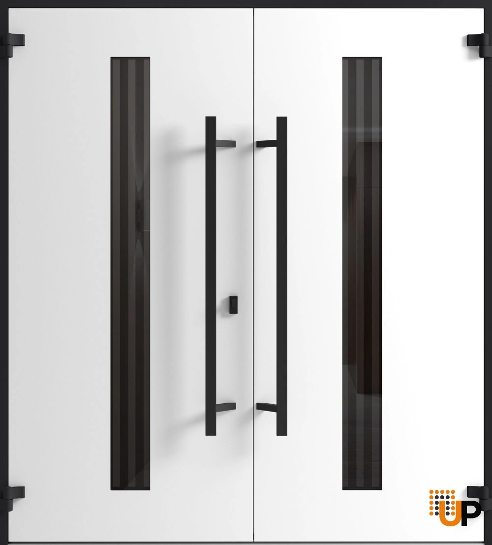 Double swing metal-aluminum modern exterior door with clear-mirrored glass | Ronex 1055 Teak | 72 x 80 (72 x 80) photo#2