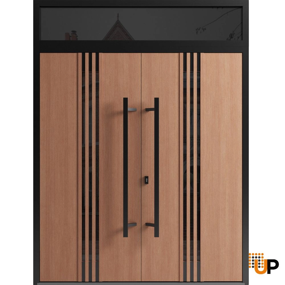 Double swing metal-aluminum modern exterior door with clear-mirrored glass | Ronex 1055 Teak | 72 x 92 (72 x 80+12) photo#1