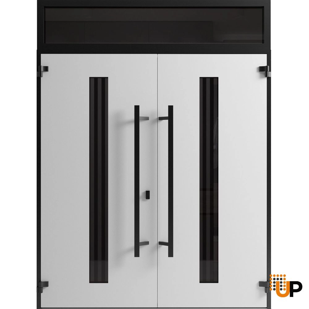 Double swing metal-aluminum modern exterior door with clear-mirrored glass | Ronex 1055 Teak | 72 x 108 (72 x 96+12) photo#2