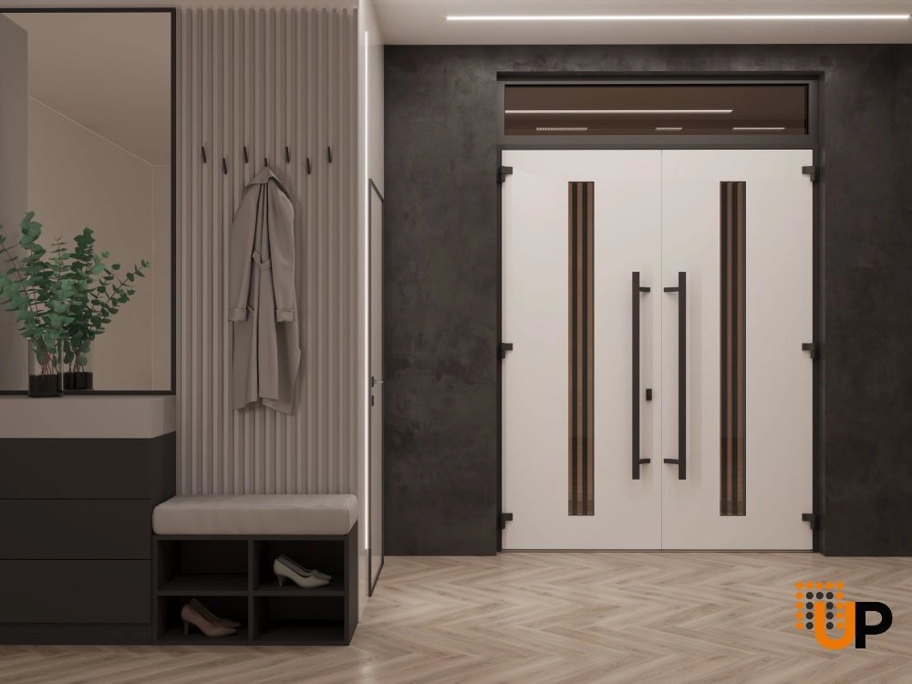 Double swing metal-aluminum modern exterior door with clear-mirrored glass | Ronex 1055 Teak | 72 x 110 (72 x 96+14) photo#4