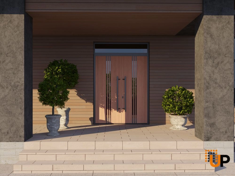Double swing metal-aluminum modern exterior door with clear-mirrored glass | Ronex 1055 Teak | 72 x 112 (72 x 96+16) photo#3