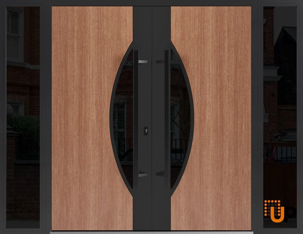 Double swing metal-aluminum modern exterior door with clear-mirrored glass | Ronex 1077 Teak | 96 x 80 (12+72+12 x 80) photo#1