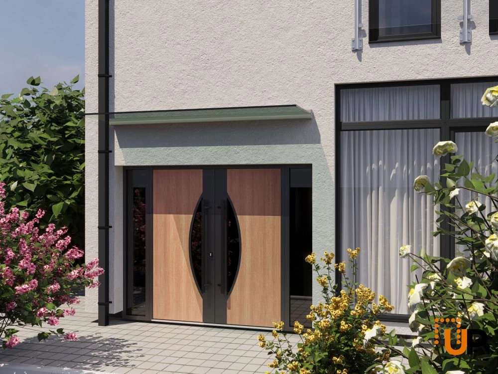 Double swing metal-aluminum modern exterior door with clear-mirrored glass | Ronex 1077 Teak | 96 x 80 (12+72+12 x 80) photo#3