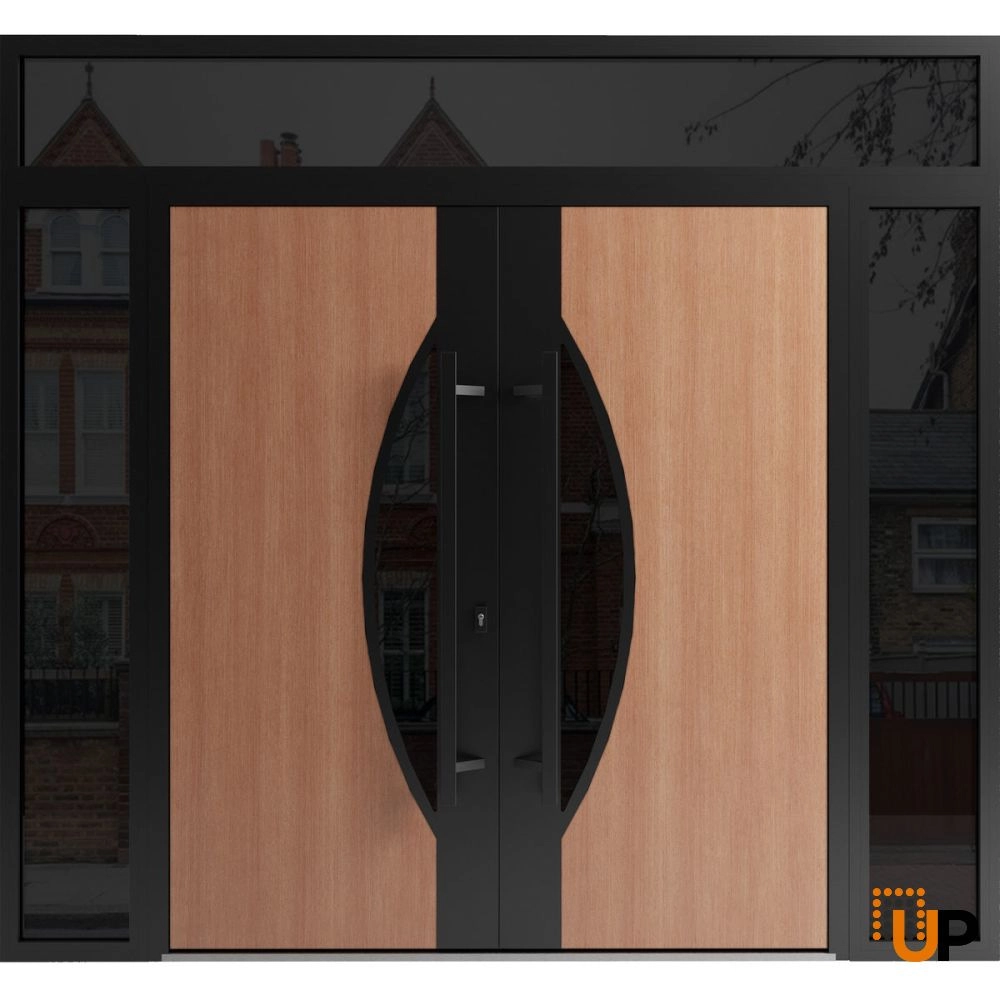 Double swing metal-aluminum modern exterior door with clear-mirrored glass | Ronex 1077 Teak | 96 x 108 (12+72+12 x 96+12) photo#1