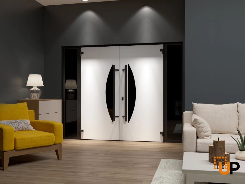 Double swing metal-aluminum modern exterior door with clear-mirrored glass | Ronex 1077 Teak | 100 x 80 (14+72+14 x 80) photo#4