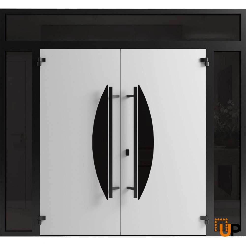 Double swing metal-aluminum modern exterior door with clear-mirrored glass | Ronex 1077 Teak | 100 x 96 (14+72+14 x 80+16) photo#2