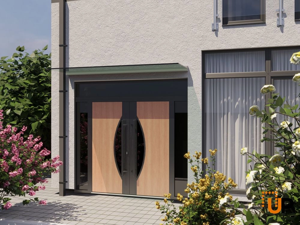 Double swing metal-aluminum modern exterior door with clear-mirrored glass | Ronex 1077 Teak | 100 x 108 (14+72+14 x 96+12) photo#3