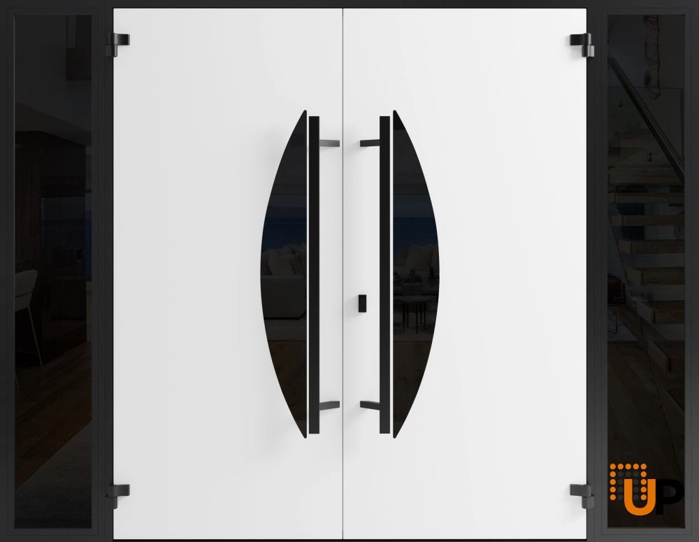 Double swing metal-aluminum modern exterior door with clear-mirrored glass | Ronex 1077 Teak | 104 x 80 (16+72+16 x 80) photo#2