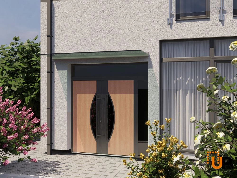 Double swing metal-aluminum modern exterior door with clear-mirrored glass | Ronex 1077 Teak | 84 x 94 (72+12 x 80+14) photo#3