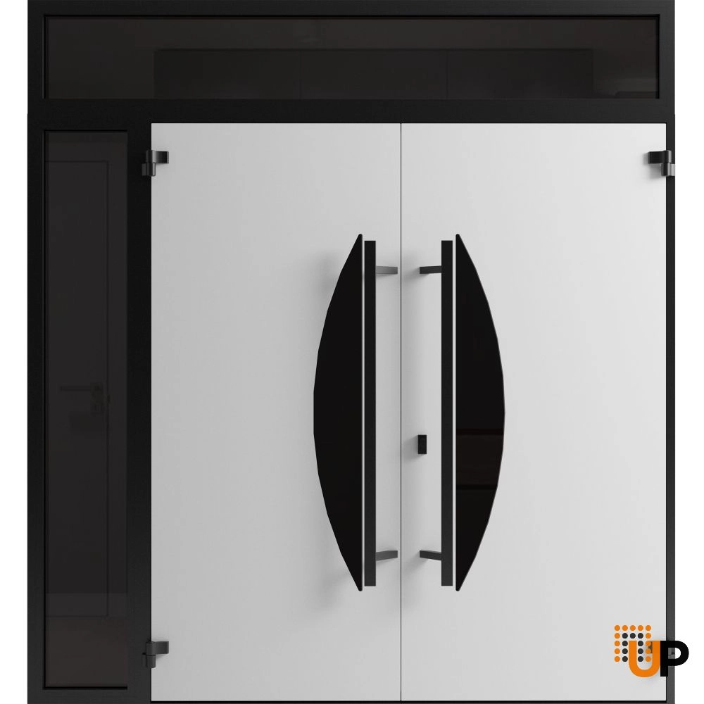 Double swing metal-aluminum modern exterior door with clear-mirrored glass | Ronex 1077 Teak | 84 x 96 (72+12 x 80+16) photo#2