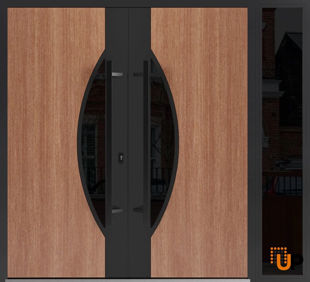 Double swing metal-aluminum modern exterior door with clear-mirrored glass | Ronex 1077 Teak | 86 x 80 (72+14 x 80) photo#1