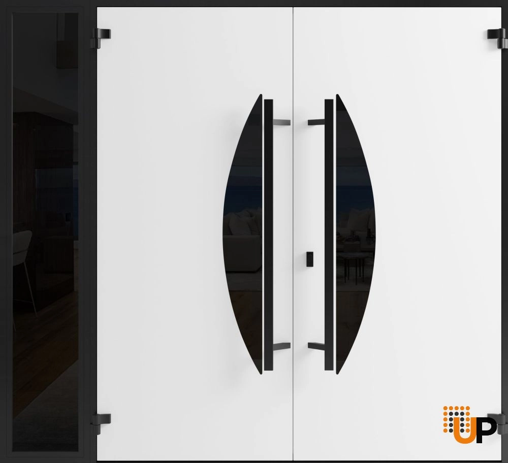 Double swing metal-aluminum modern exterior door with clear-mirrored glass | Ronex 1077 Teak | 88 x 80 (72+16 x 80) photo#2