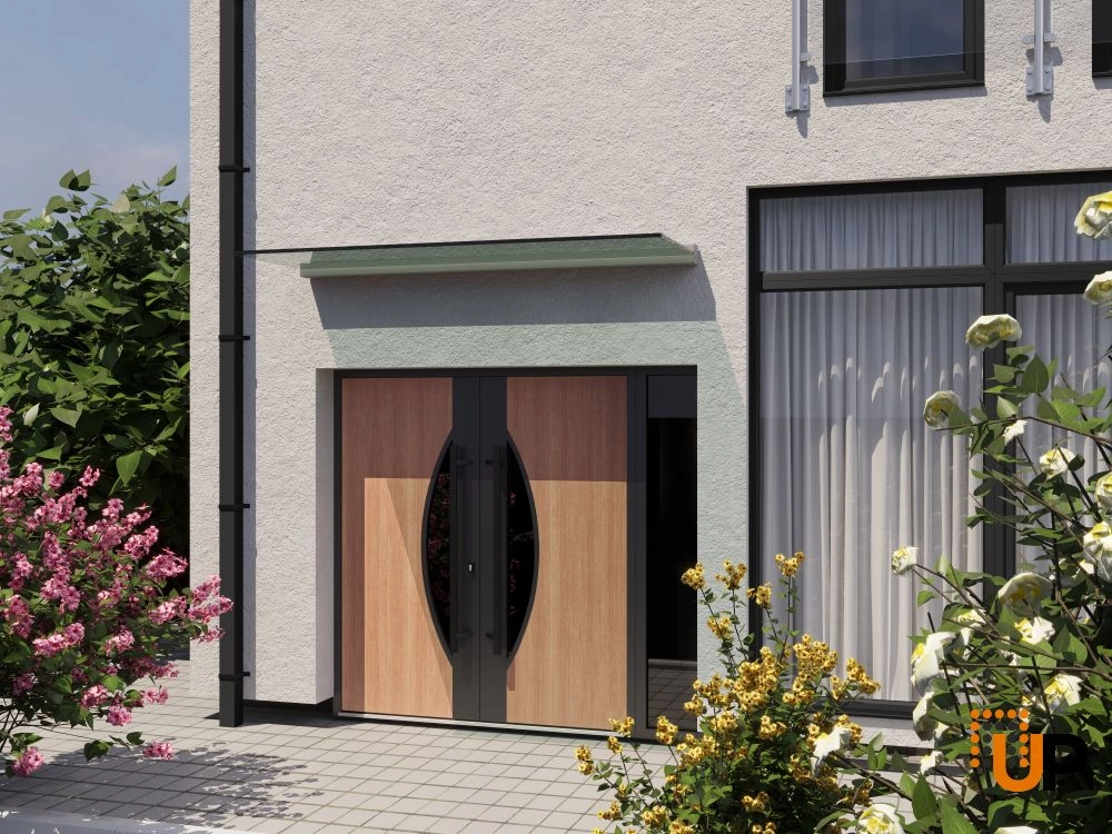 Double swing metal-aluminum modern exterior door with clear-mirrored glass | Ronex 1077 Teak | 88 x 80 (72+16 x 80) photo#3