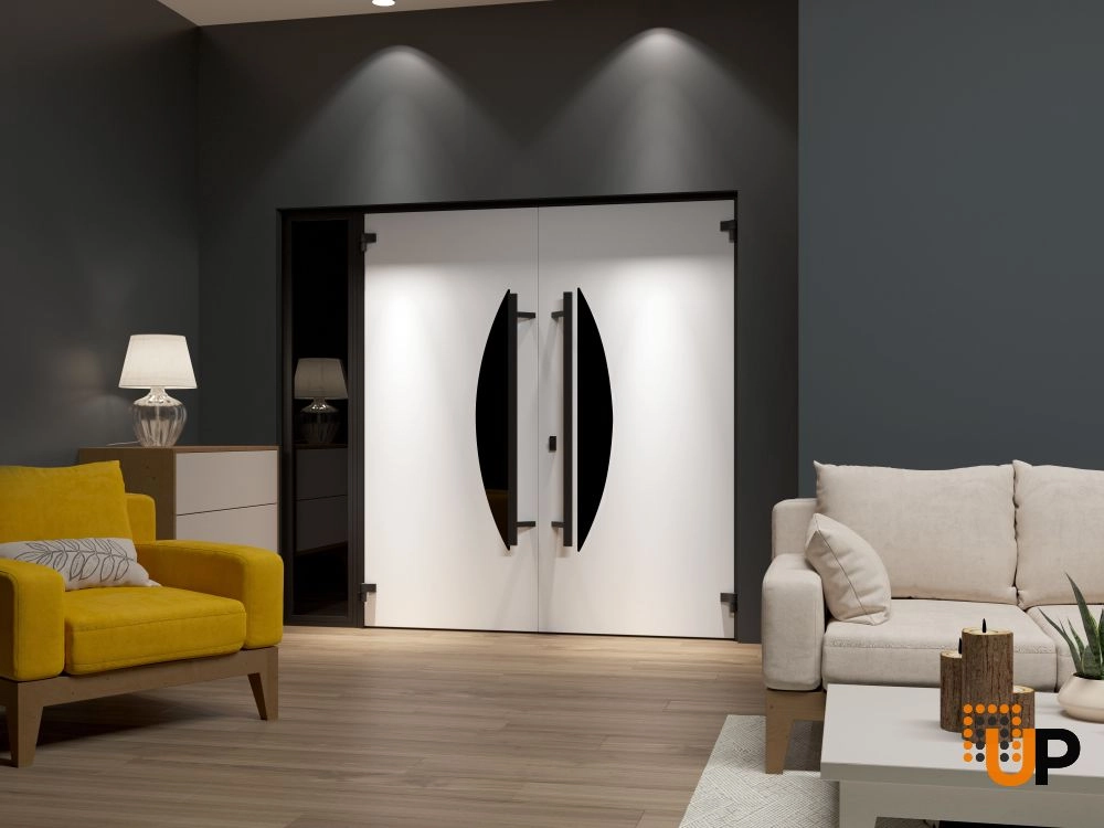 Double swing metal-aluminum modern exterior door with clear-mirrored glass | Ronex 1077 Teak | 88 x 80 (72+16 x 80) photo#4