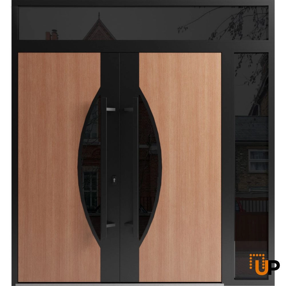 Double swing metal-aluminum modern exterior door with clear-mirrored glass | Ronex 1077 Teak | 88 x 110 (72+16 x 96+14) photo#1