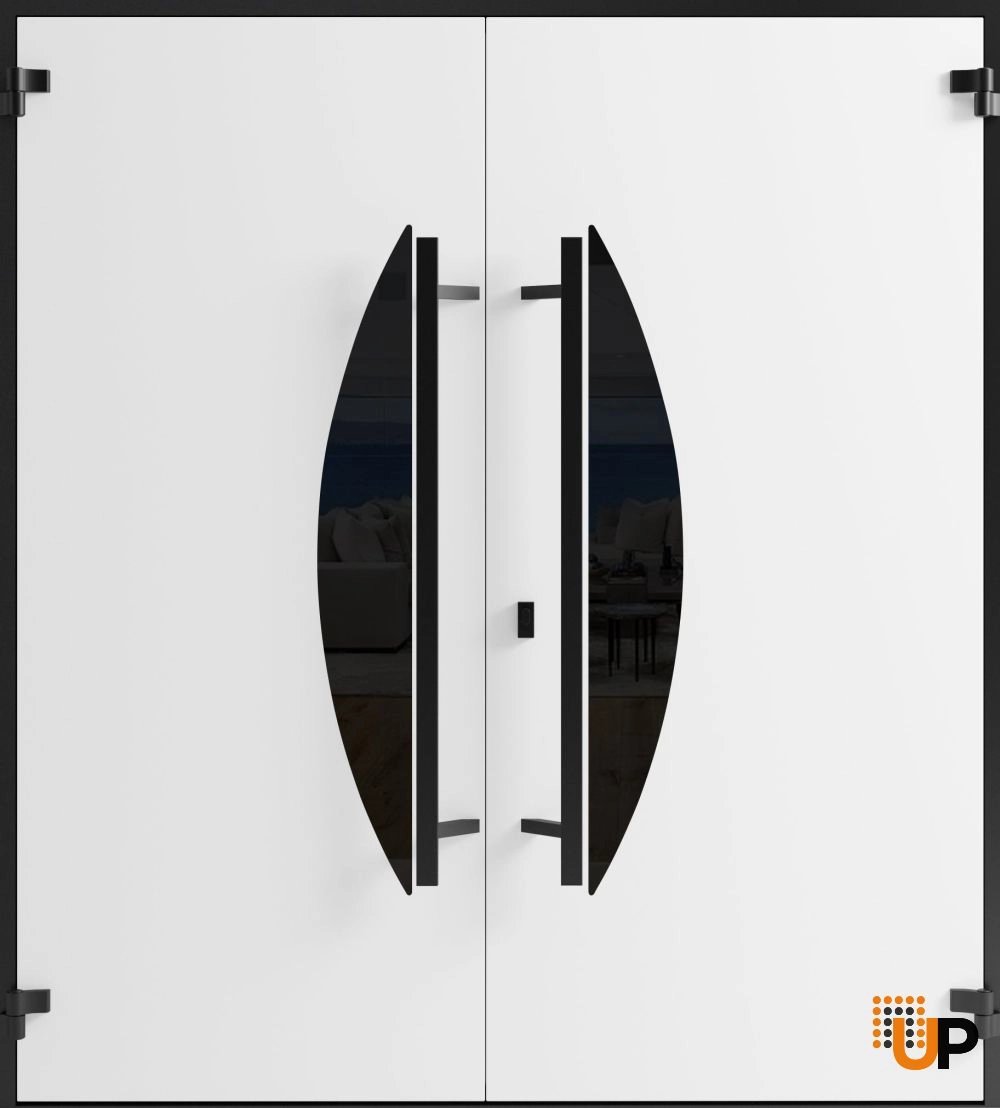 Double swing metal-aluminum modern exterior door with clear-mirrored glass | Ronex 1077 Teak | 72 x 80 (72 x 80) photo#2