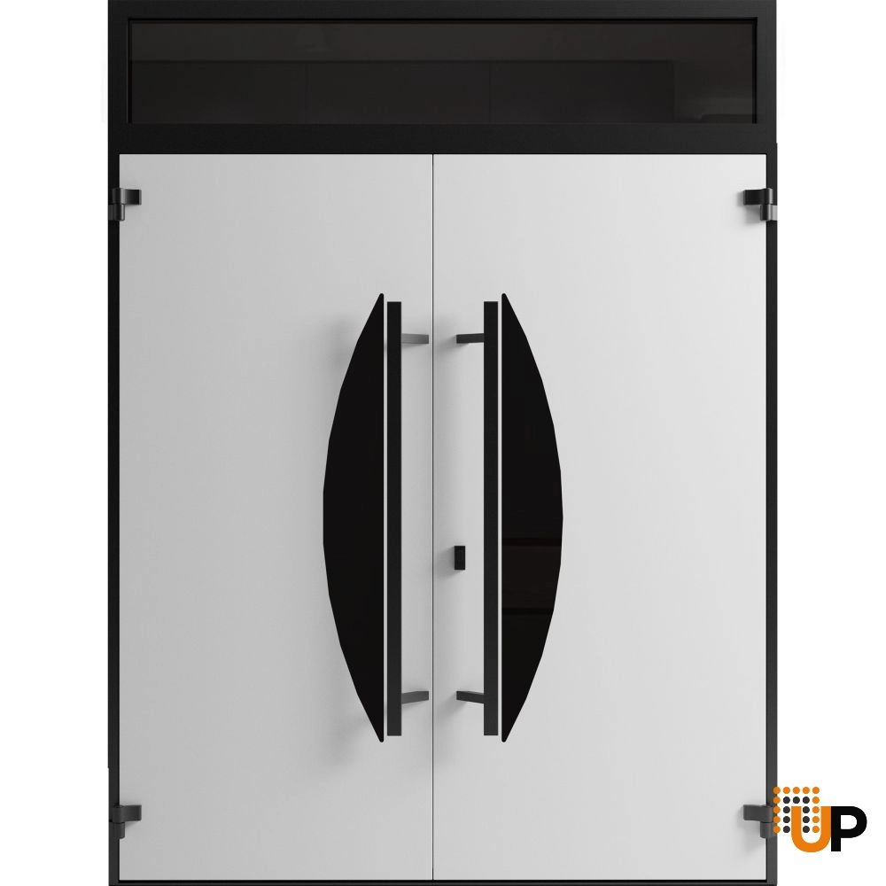 Double swing metal-aluminum modern exterior door with clear-mirrored glass | Ronex 1077 Teak | 72 x 96 (72 x 80+16) photo#2