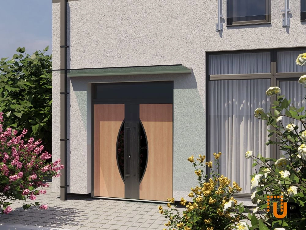 Double swing metal-aluminum modern exterior door with clear-mirrored glass | Ronex 1077 Teak | 72 x 110 (72 x 96+14) photo#3