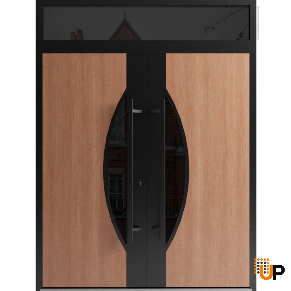 Double swing metal-aluminum modern exterior door with clear-mirrored glass | Ronex 1077 Teak | 72 x 112 (72 x 96+16) photo#1