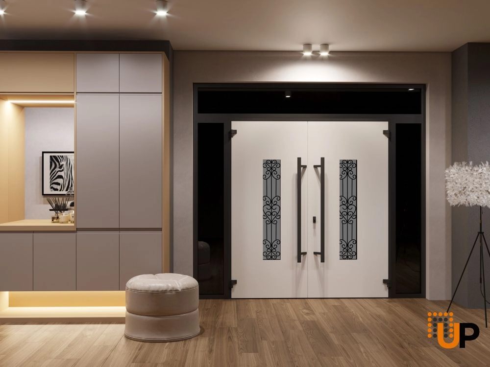 Double swing metal-aluminum modern exterior door with clear-mirrored glass | Ronex 1205 Teak | 96 x 92 (12+72+12 x 80+12) photo#4