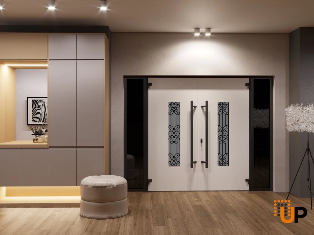 Double swing metal-aluminum modern exterior door with clear-mirrored glass | Ronex 1205 Teak | 96 x 96 (12+72+12 x 96) photo#4