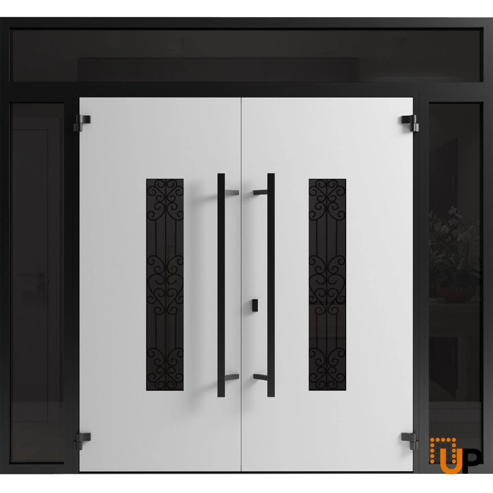 Double swing metal-aluminum modern exterior door with clear-mirrored glass | Ronex 1205 Teak | 96 x 108 (12+72+12 x 96+12) photo#2