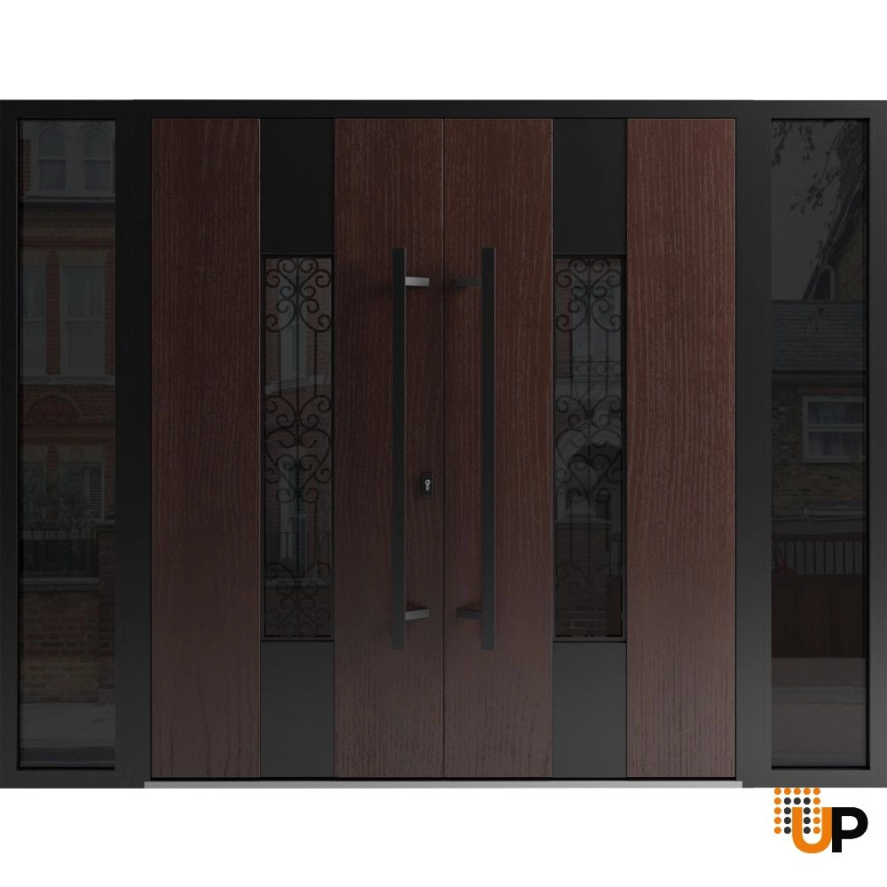 Double swing metal-aluminum modern exterior door with clear-mirrored glass | Ronex 1205 Teak | 100 x 80 (14+72+14 x 80) photo#1