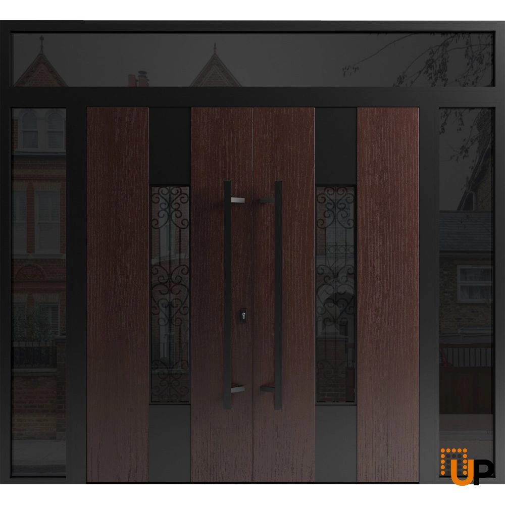 Double swing metal-aluminum modern exterior door with clear-mirrored glass | Ronex 1205 Teak | 100 x 110 (14+72+14 x 96+14) photo#1