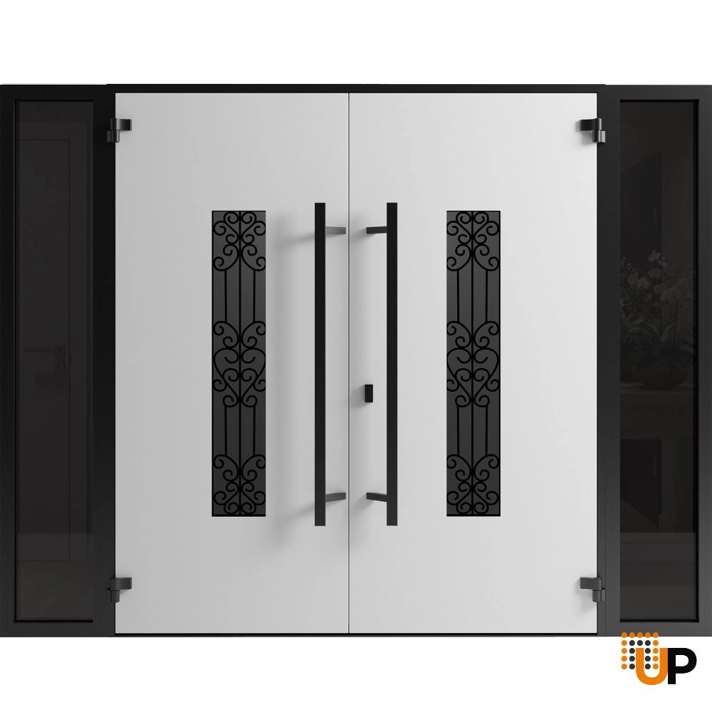Double swing metal-aluminum modern exterior door with clear-mirrored glass | Ronex 1205 Teak | 104 x 80 (16+72+16 x 80) photo#2