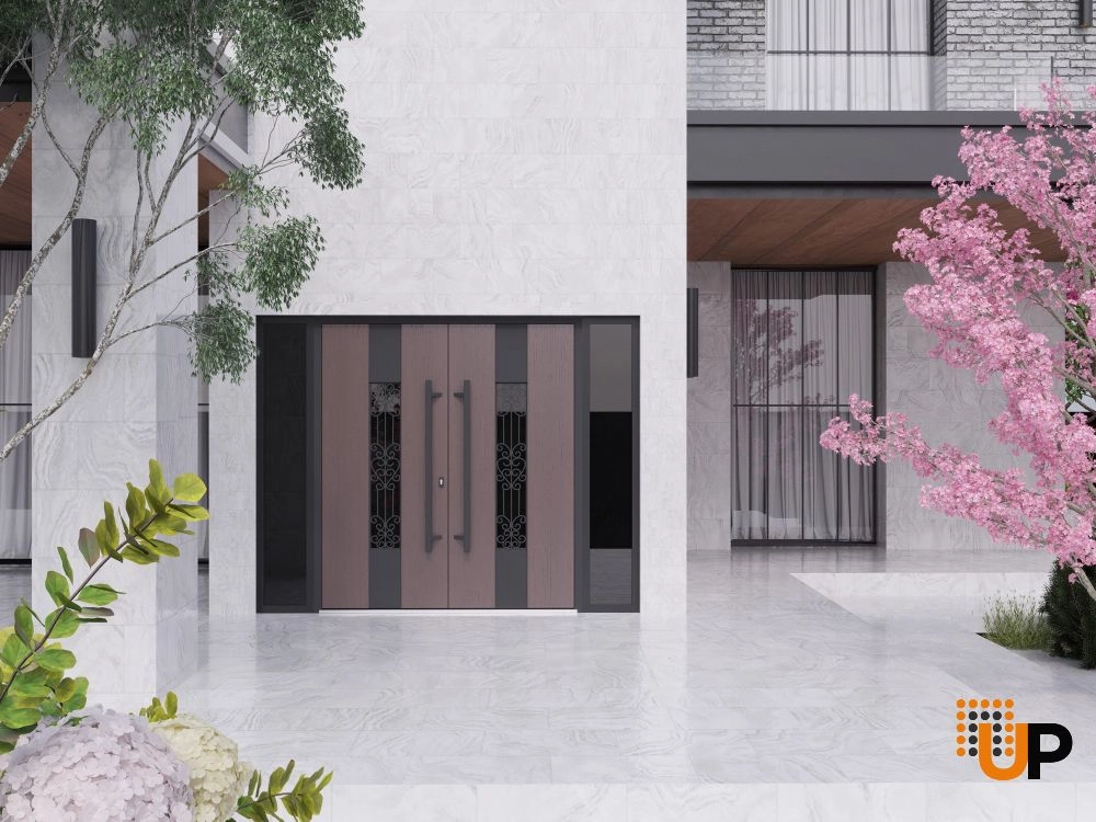 Double swing metal-aluminum modern exterior door with clear-mirrored glass | Ronex 1205 Teak | 104 x 80 (16+72+16 x 80) photo#3