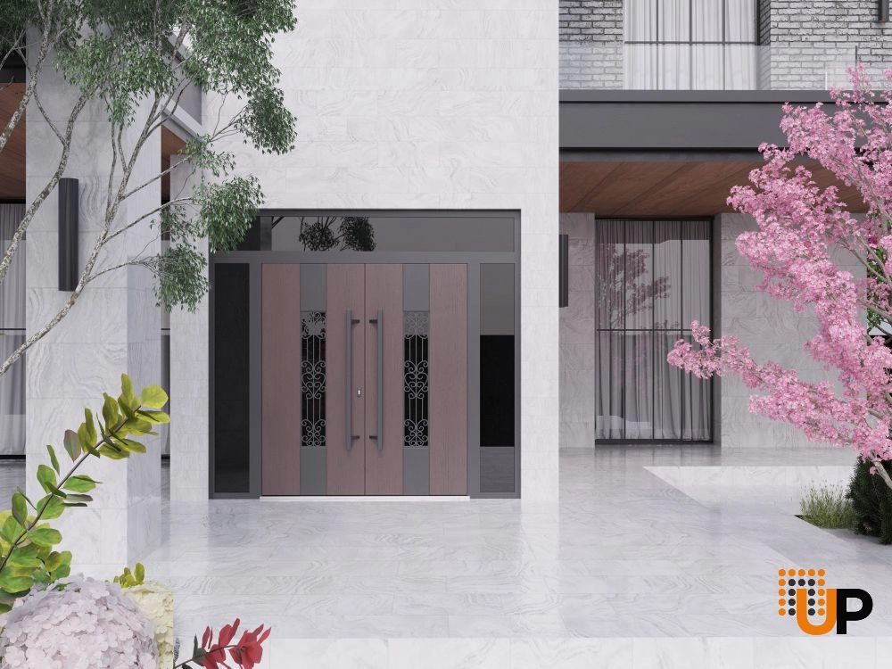 Double swing metal-aluminum modern exterior door with clear-mirrored glass | Ronex 1205 Teak | 104 x 108 (16+72+16 x 96+12) photo#3