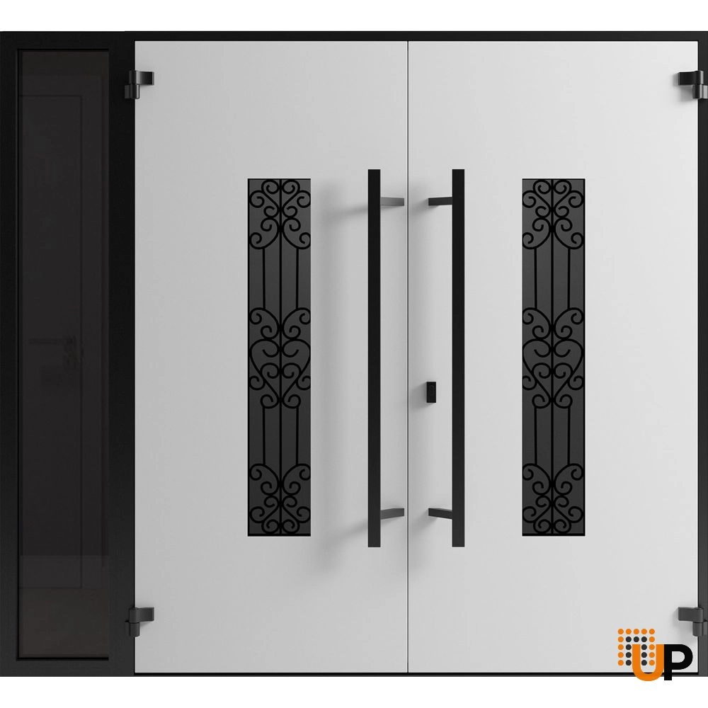 Double swing metal-aluminum modern exterior door with clear-mirrored glass | Ronex 1205 Teak | 84 x 80 (72+12 x 80) photo#2