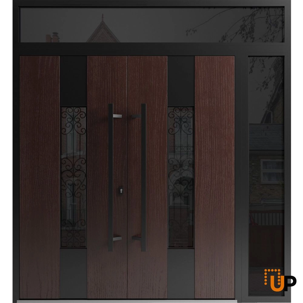 Double swing metal-aluminum modern exterior door with clear-mirrored glass | Ronex 1205 Teak | 86 x 92 (72+14 x 80+12) photo#1