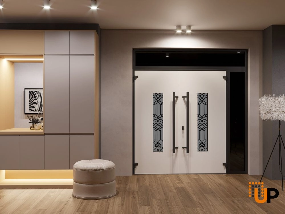 Double swing metal-aluminum modern exterior door with clear-mirrored glass | Ronex 1205 Teak | 86 x 108 (72+14 x 96+12) photo#4