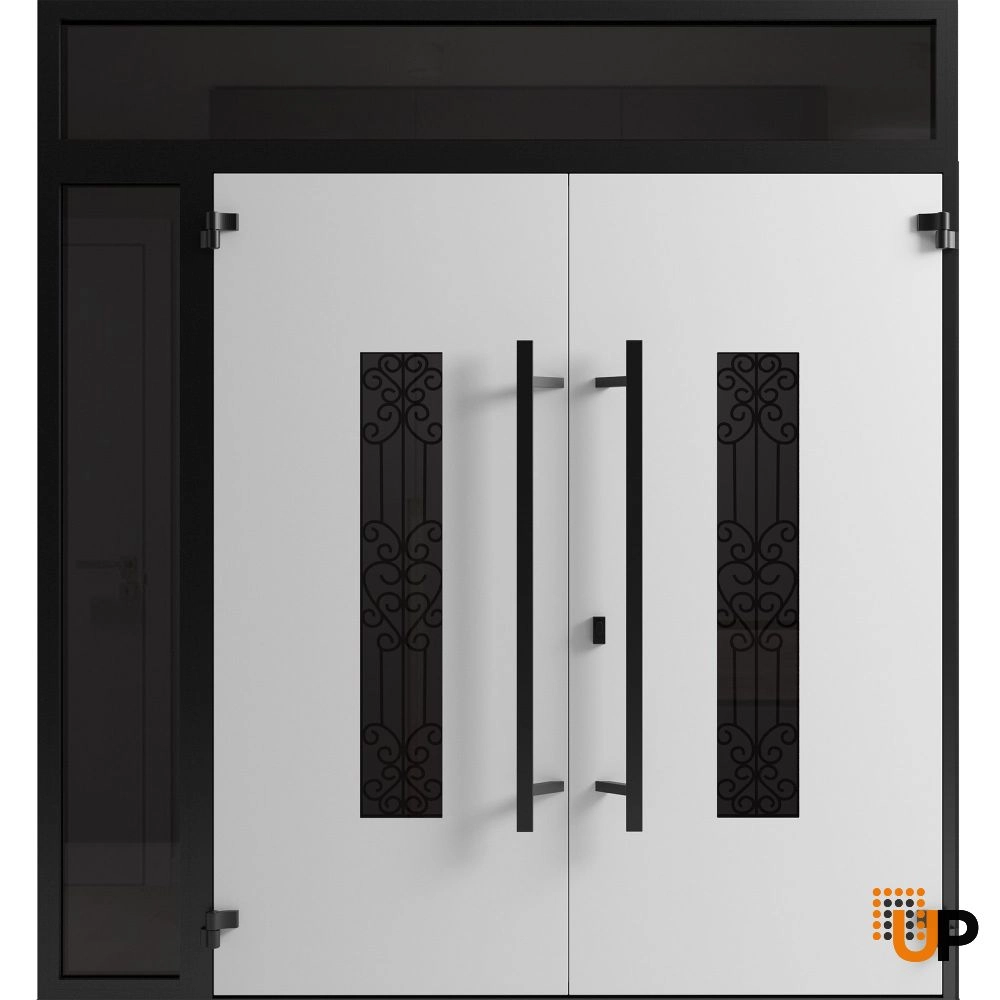 Double swing metal-aluminum modern exterior door with clear-mirrored glass | Ronex 1205 Teak | 86 x 110 (72+14 x 96+14) photo#2