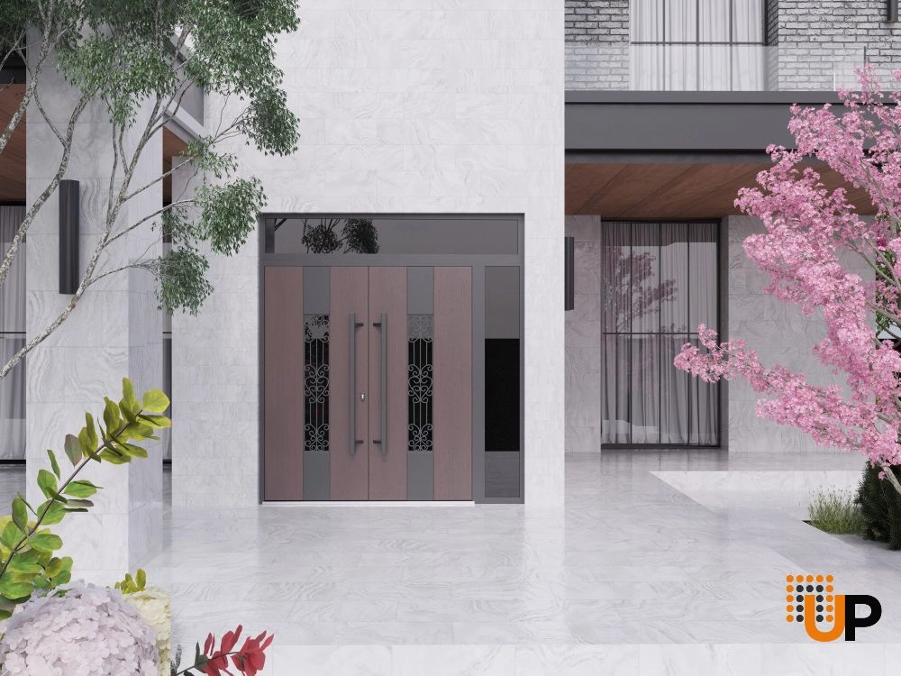 Double swing metal-aluminum modern exterior door with clear-mirrored glass | Ronex 1205 Teak | 86 x 110 (72+14 x 96+14) photo#3