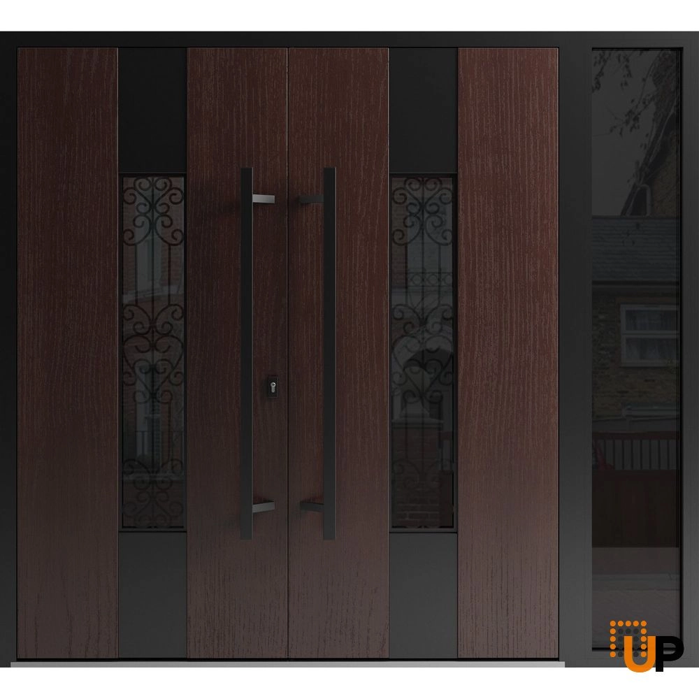 Double swing metal-aluminum modern exterior door with clear-mirrored glass | Ronex 1205 Teak | 88 x 96 (72+16 x 96) photo#1