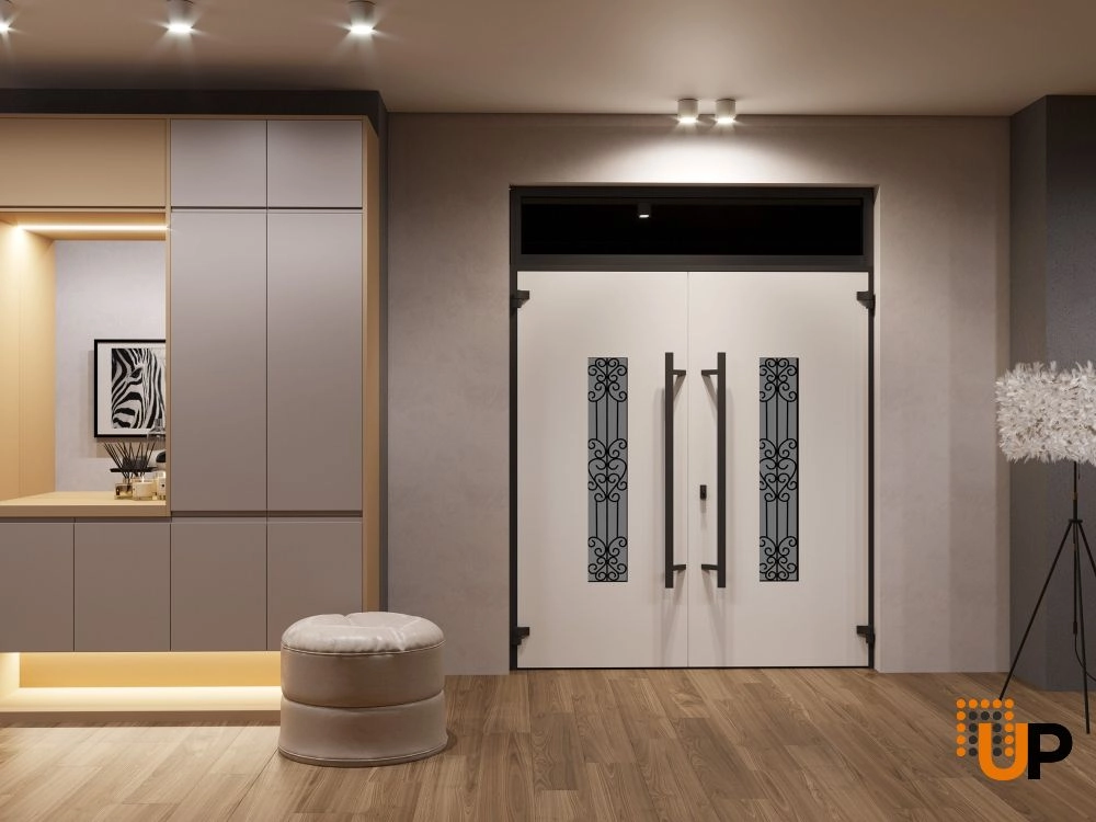 Double swing metal-aluminum modern exterior door with clear-mirrored glass | Ronex 1205 Teak | 72 x 96 (72 x 80+16) photo#4