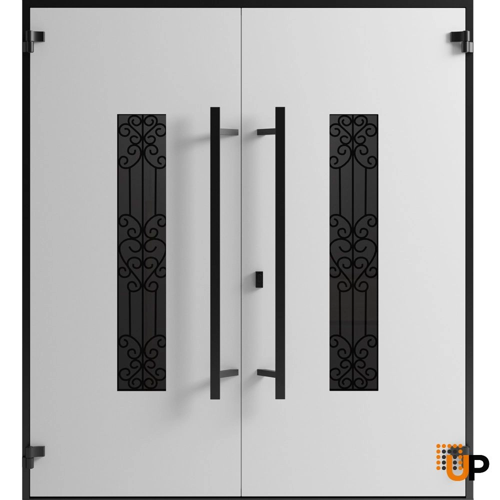 Double swing metal-aluminum modern exterior door with clear-mirrored glass | Ronex 1205 Teak | 72 x 96 (72 x 96) photo#2