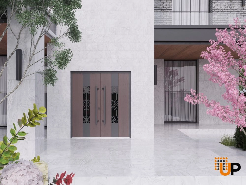 Double swing metal-aluminum modern exterior door with clear-mirrored glass | Ronex 1205 Teak | 72 x 96 (72 x 96) photo#3