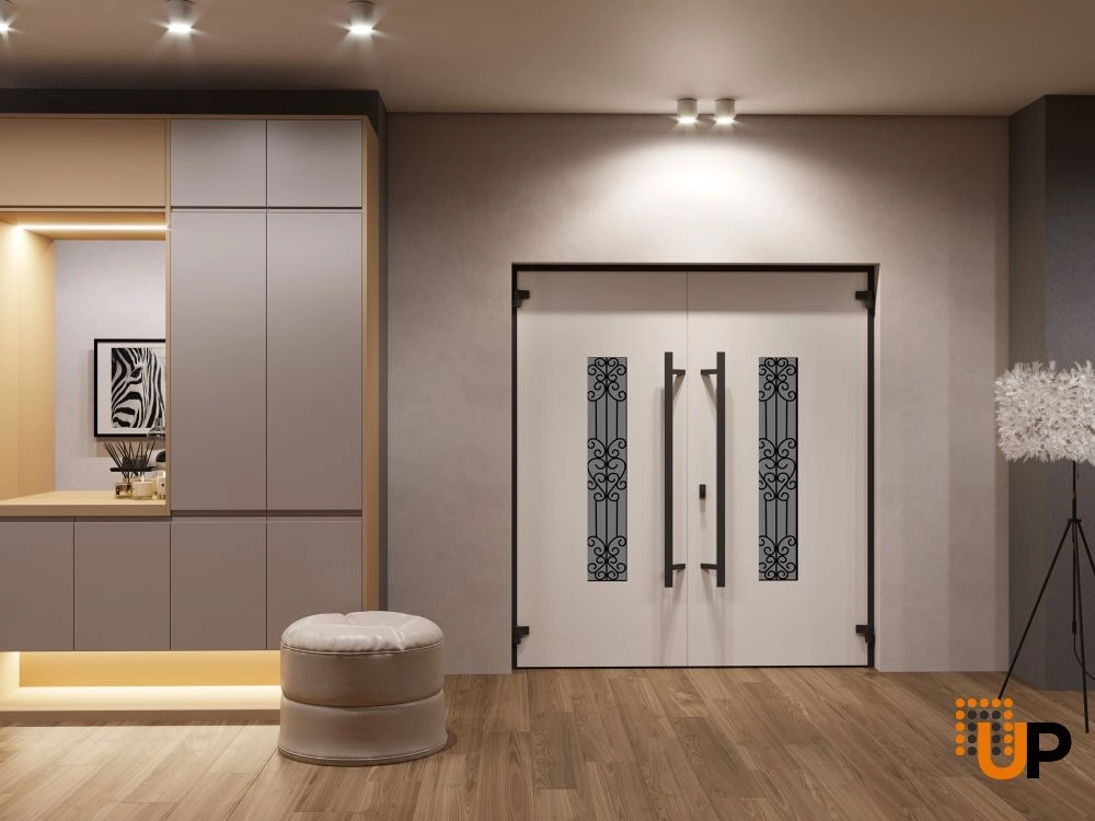Double swing metal-aluminum modern exterior door with clear-mirrored glass | Ronex 1205 Teak | 72 x 96 (72 x 96) photo#4