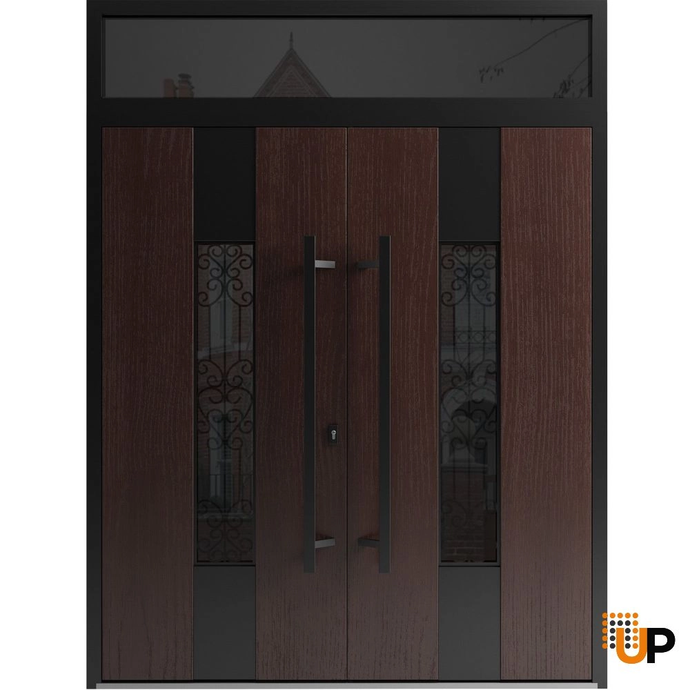 Double swing metal-aluminum modern exterior door with clear-mirrored glass | Ronex 1205 Teak | 72 x 110 (72 x 96+14) photo#1