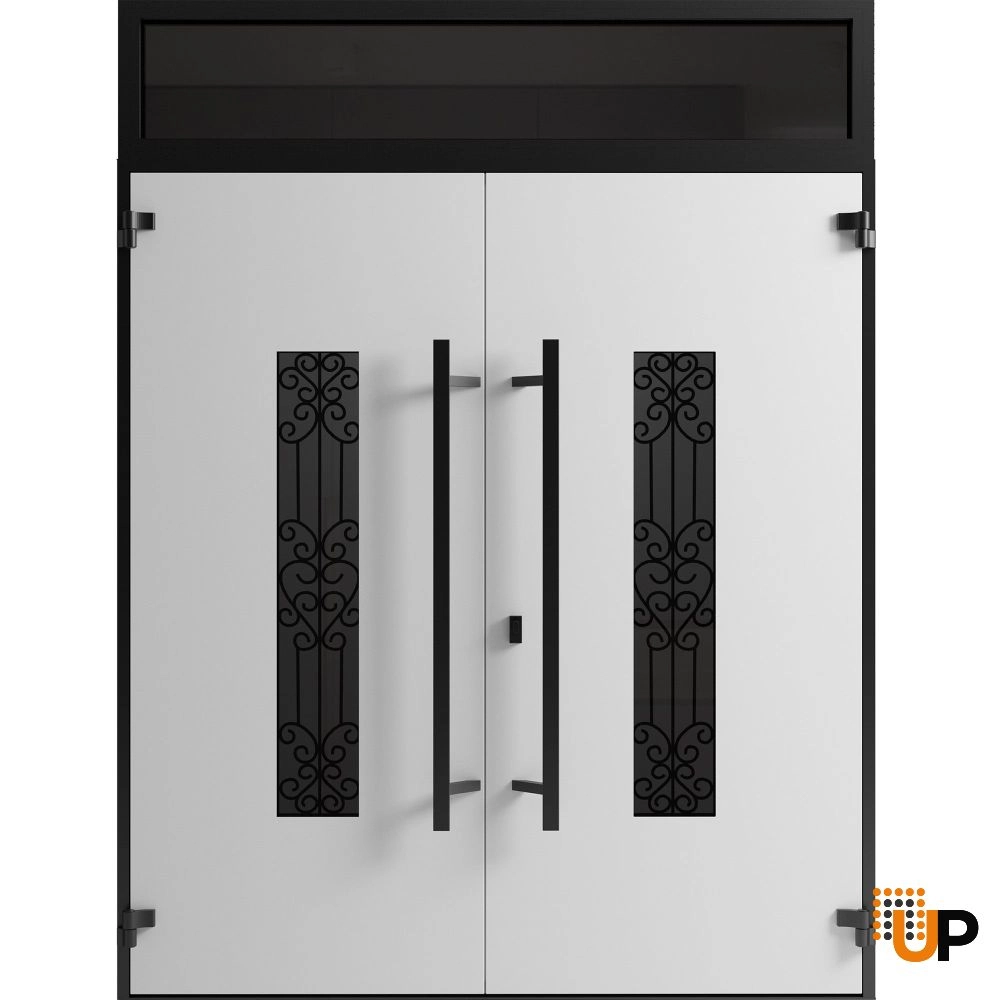 Double swing metal-aluminum modern exterior door with clear-mirrored glass | Ronex 1205 Teak | 72 x 110 (72 x 96+14) photo#2