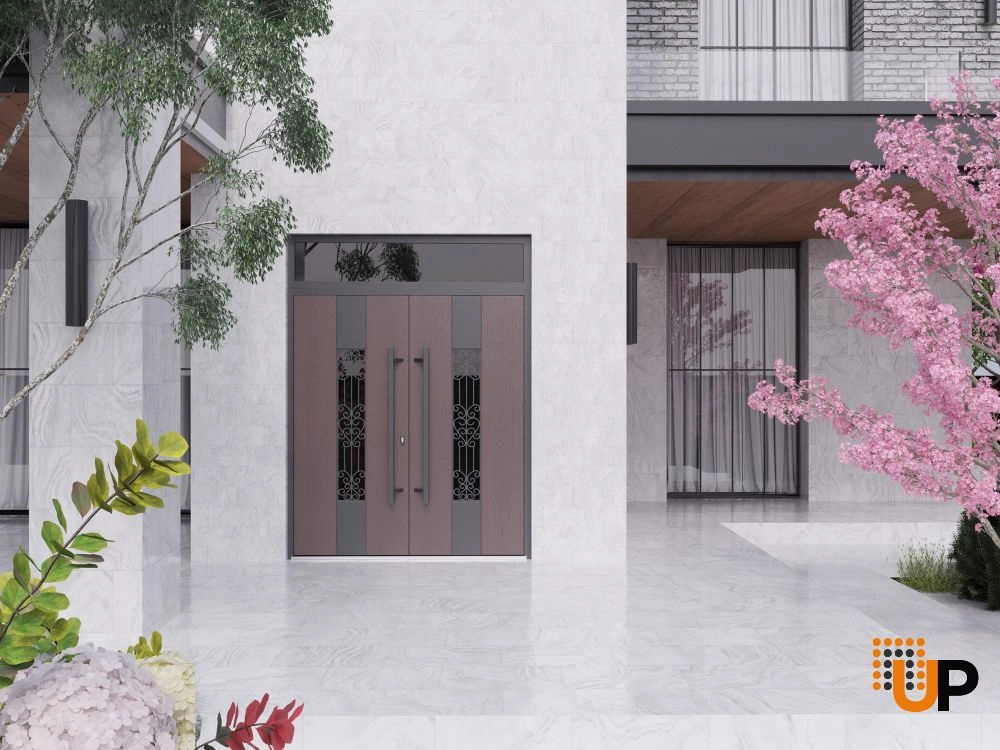 Double swing metal-aluminum modern exterior door with clear-mirrored glass | Ronex 1205 Teak | 72 x 110 (72 x 96+14) photo#3