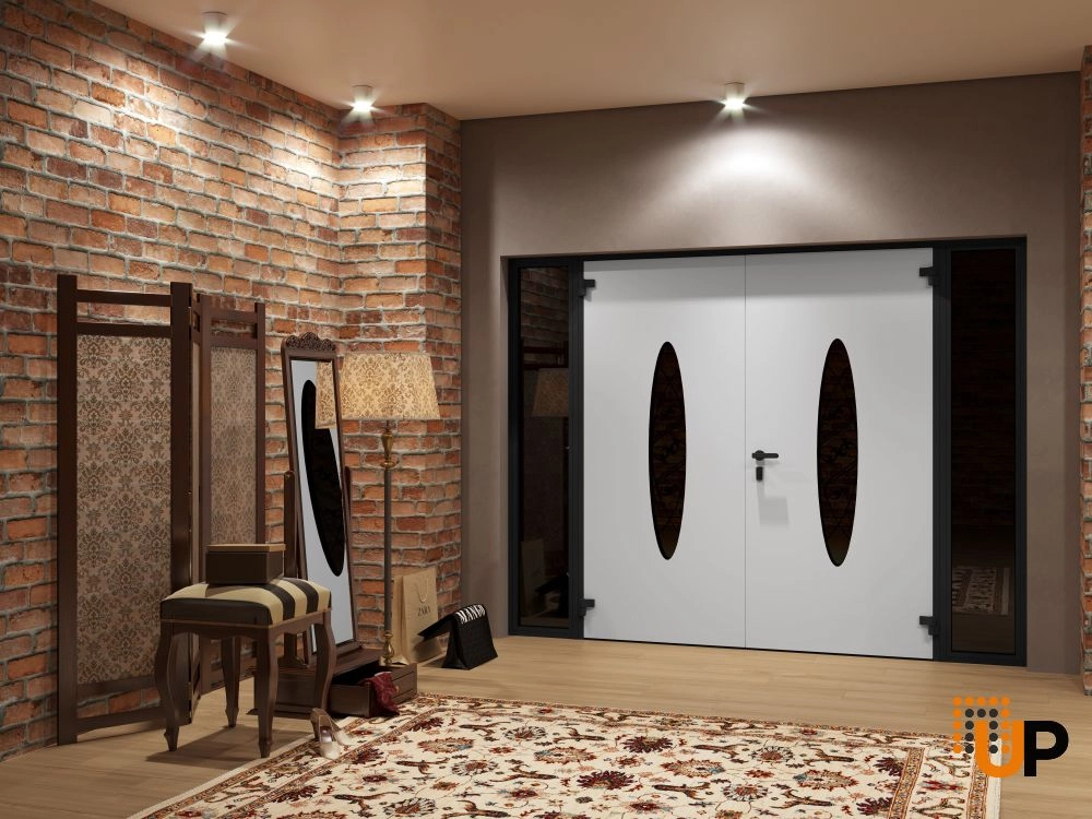 Double swing metal-aluminum modern exterior door with clear-mirrored glass | Ronex 1277 Black Enamel | 96 x 96 (12+72+12 x 96) photo#4