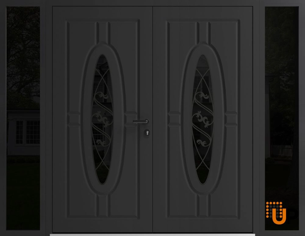 Double swing metal-aluminum modern exterior door with clear-mirrored glass | Ronex 1277 Black Enamel | 100 x 80 (14+72+14 x 80) photo#1