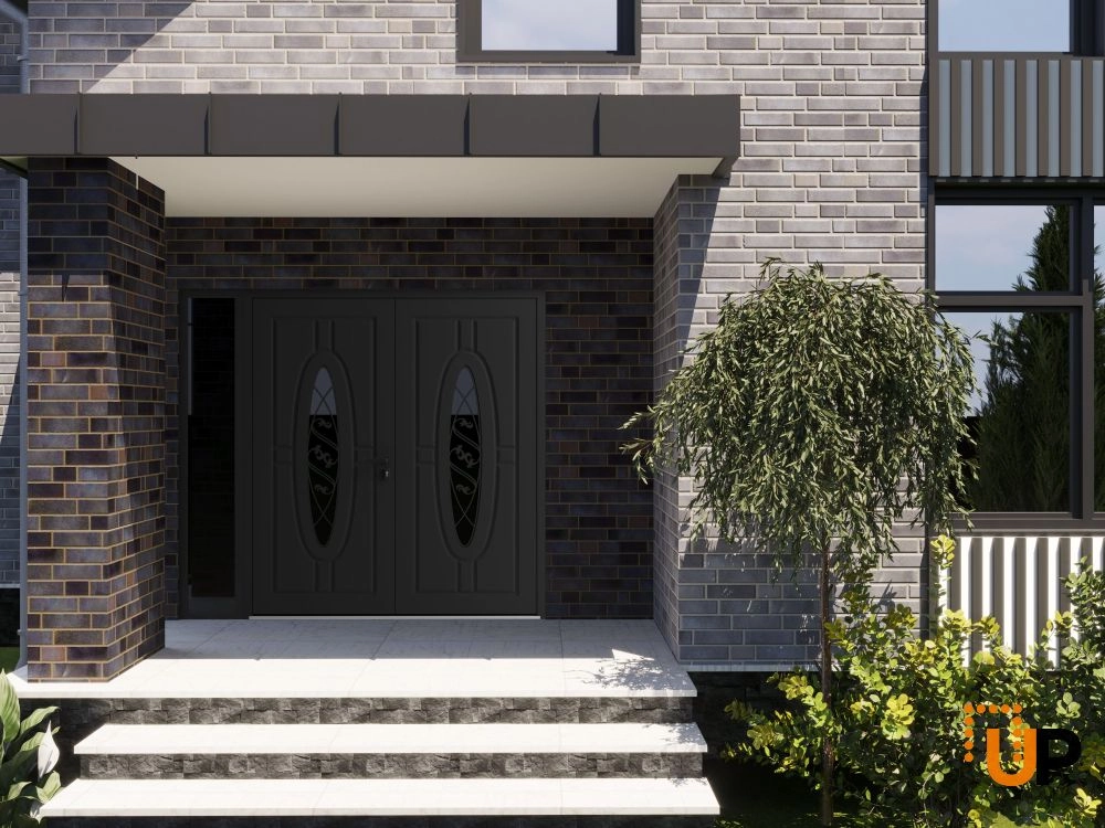 Double swing metal-aluminum modern exterior door with clear-mirrored glass | Ronex 1277 Black Enamel | 100 x 96 (14+72+14 x 96) photo#3
