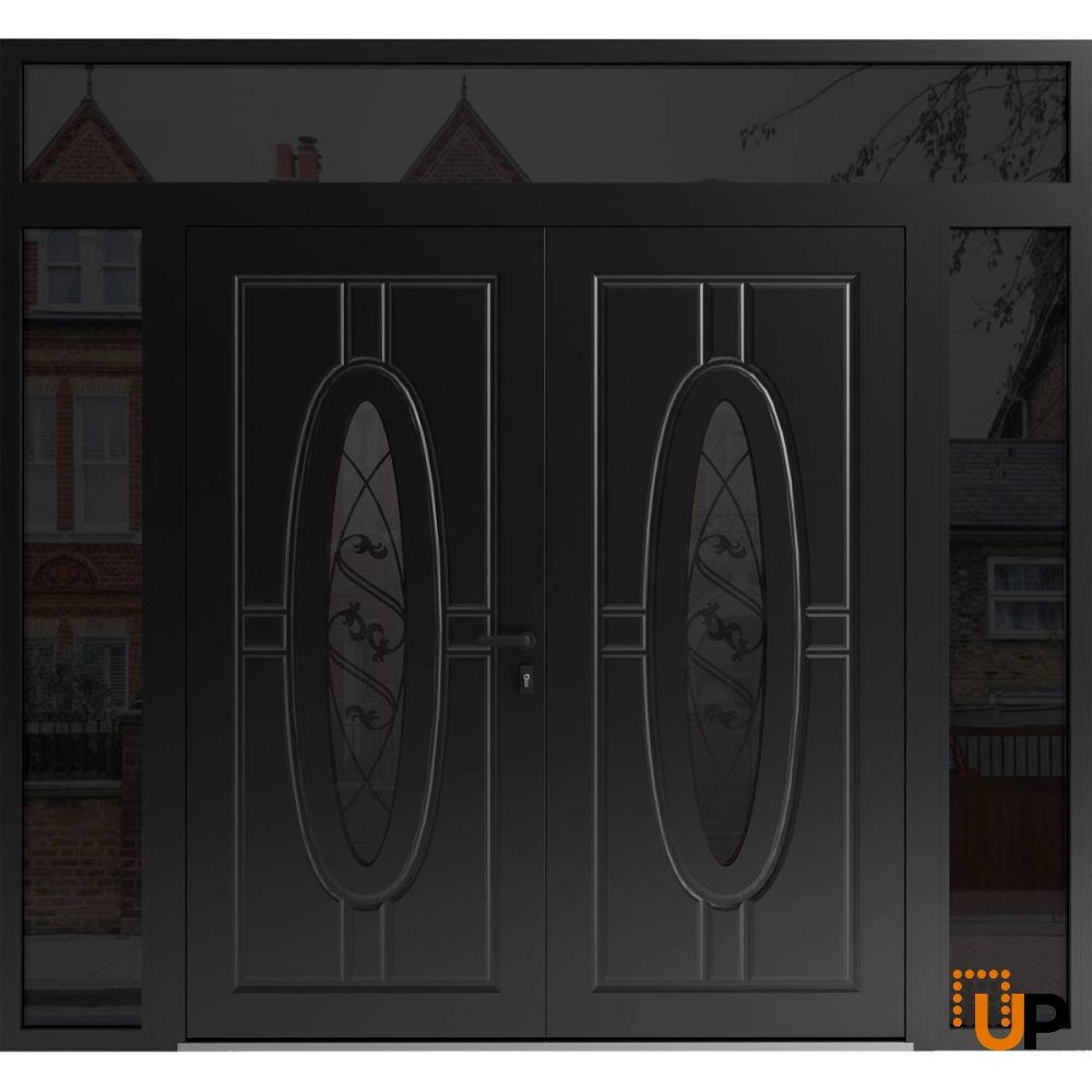 Double swing metal-aluminum modern exterior door with clear-mirrored glass | Ronex 1277 Black Enamel | 100 x 110 (14+72+14 x 96+14) photo#1