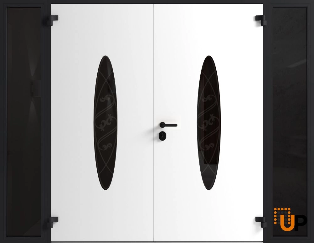 Double swing metal-aluminum modern exterior door with clear-mirrored glass | Ronex 1277 Black Enamel | 104 x 80 (16+72+16 x 80) photo#2